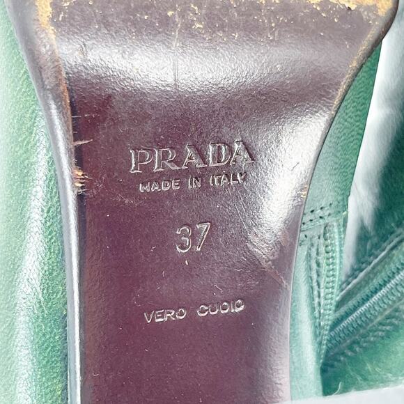 Prada Fall/Winter 1999 Green & Brown Leather Mid-Calf Block Heel Boots IT 37 - Picture 14 of 15
